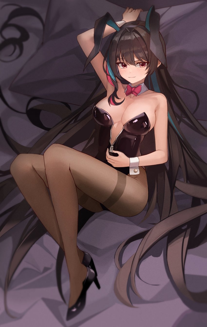 1girl 2022 absurdres armpits arms_up bare_shoulders black_hair blush bow bowtie breasts brown_eyes emma_llama female_focus full_body high_heels highres indie_virtual_youtuber large_breasts leggings long_hair looking_at_viewer pale_skin pillow smile solo streamer streamers thighhighs twitch twitch.tv virtual_youtuber