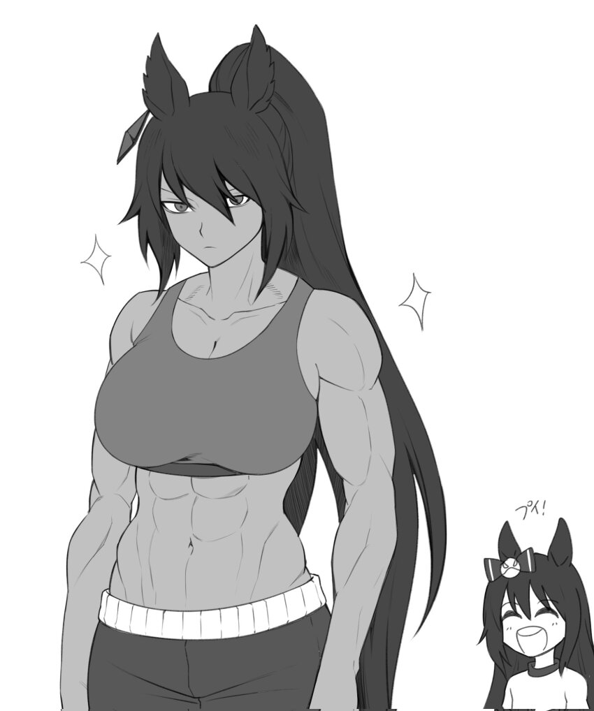 2girls abs animal_ears bare_shoulders bow breasts cleavage collarbone commentary crop_top dark-skinned_female dark_skin deep_impact_(umamusume) ear_bow earrings fukuro_(maruaru00) gym_shirt hair_between_eyes high_ponytail highres horse_ears horse_girl jewelry large_breasts long_hair multiple_girls muscular muscular_female navel ponytail shirt simple_background single_earring symboli_kris_s_(umamusume) tank_top teeth umamusume upper_teeth_only very_long_hair white_background
