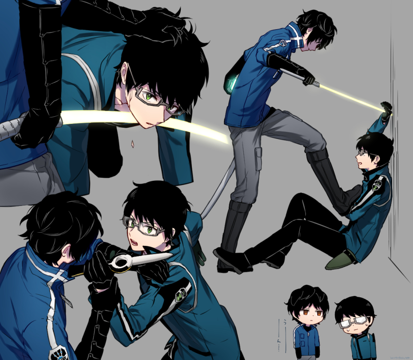 2boys against_wall all_fours battle black_footwear black_gloves black_hair black_pants black_shirt blue_jacket boots brown_eyes chibi cracked_skin cube dual_wielding duel emblem futaba_08_cnmrl glasses gloves glowing glowing_sword glowing_weapon grabbing_another&#039;s_hair green_eyes grey-framed_eyewear grey_footwear grey_pants hand_up holding holding_another&#039;s_wrist holding_sword holding_weapon jacket karasuma_kyousuke knee_boots knees_up long_sleeves looking_at_another looking_at_viewer looking_away looking_down looking_up male_focus mikumo_osamu multiple_boys multiple_views nervous on_ground opaque_glasses outstretched_leg pants pants_tucked_in profile red_eyes semi-rimless_eyewear shards sheath shirt shoes short_hair sitting stab standing stepped_on sword sword_to_throat t-shirt training under-rim_eyewear uniform unsheathed weapon world_trigger