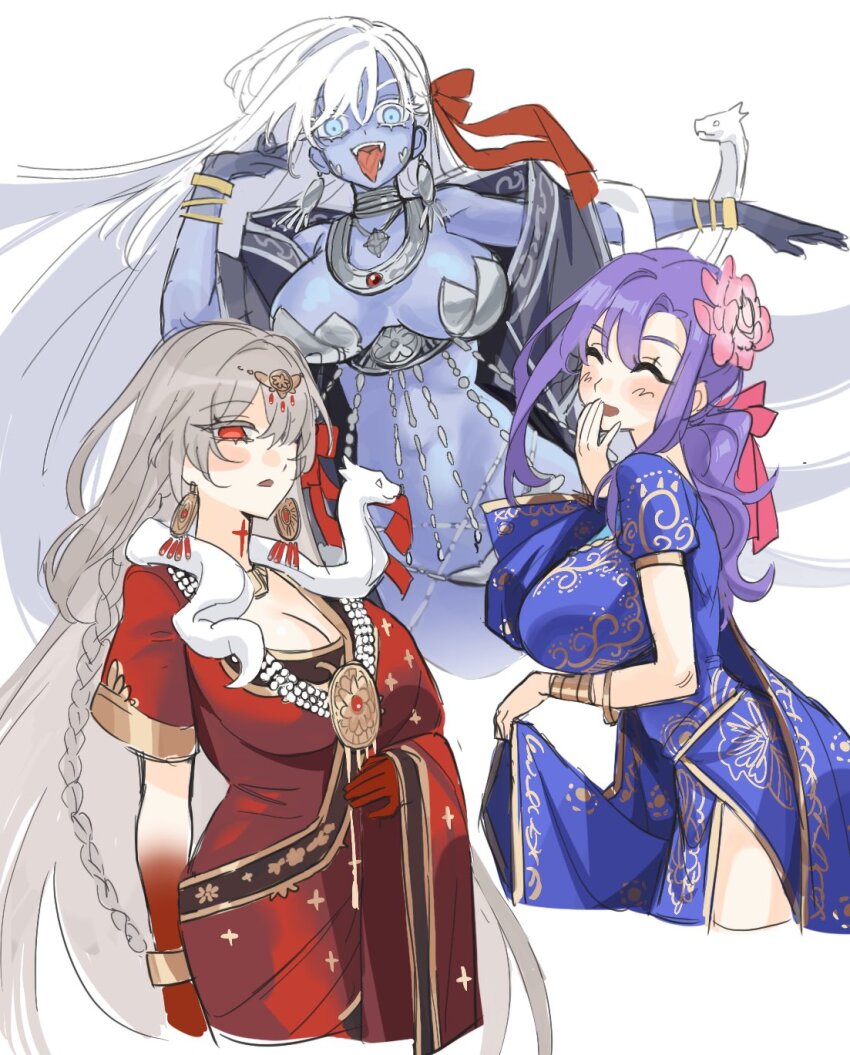 3girls armor bare_shoulders belly_chain bikini_armor blue_eyes blue_skin bracelet breasts cleavage colored_skin dress durga_(fate) durga_(second_ascension)_(fate) earrings fate/grand_order fate/stay_night fate_(series) flower gradient_skin hair_flower hair_ornament hair_ribbon highres indian_clothes jewelry kali_(fate) large_breasts large_earrings long_hair looking_at_viewer lotus matou_sakura multiple_girls neck_ring necklace open_mouth parvati_(fate) purple_hair red_dress red_eyes red_skin revealing_clothes ribbon sari smile snake snake_wrapped_around_neck takustorage third_eye very_long_hair white_hair white_snake
