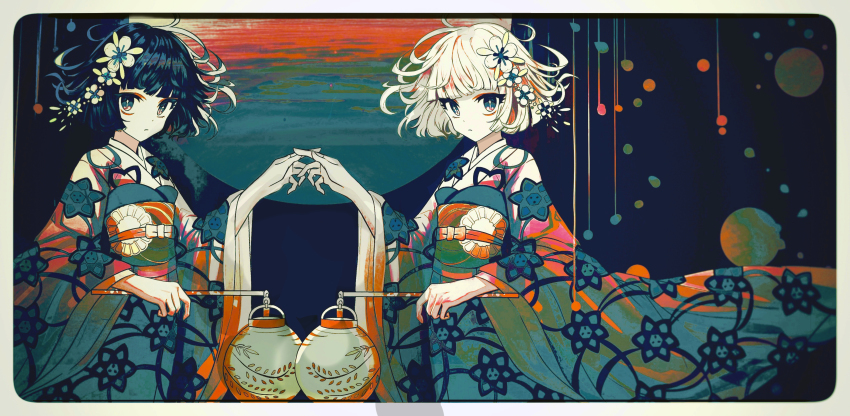 1boy 1girl absurdres black_hair blunt_bangs bob_cut brother_and_sister cowboy_shot expressionless floating_hair flower furisode hair_flower hair_ornament hand_up highres holding holding_lantern japanese_clothes kanzashi kimetsu_no_yaiba kimono lantern long_sleeves looking_at_viewer obi paper_lantern print_kimono sash shan_gui_yu_yao short_hair siblings standing trap ubuyashiki_kanata ubuyashiki_kiriya white_flower white_hair