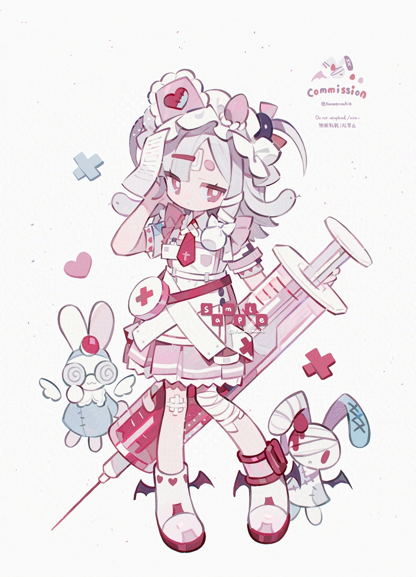 1girl absurdres apron bandaged_leg bandages closed_mouth commission full_body grey_hair hat heart highres holding holding_syringe kanae_(cookie) long_hair looking_at_viewer necktie original oversized_object pink_eyes pink_shirt pink_skirt pleated_skirt rabbit red_necktie shirt shoes short_sleeves simple_background skirt solo standing syringe thick_eyebrows twitter_username watermark white_apron white_background white_hat white_shoes