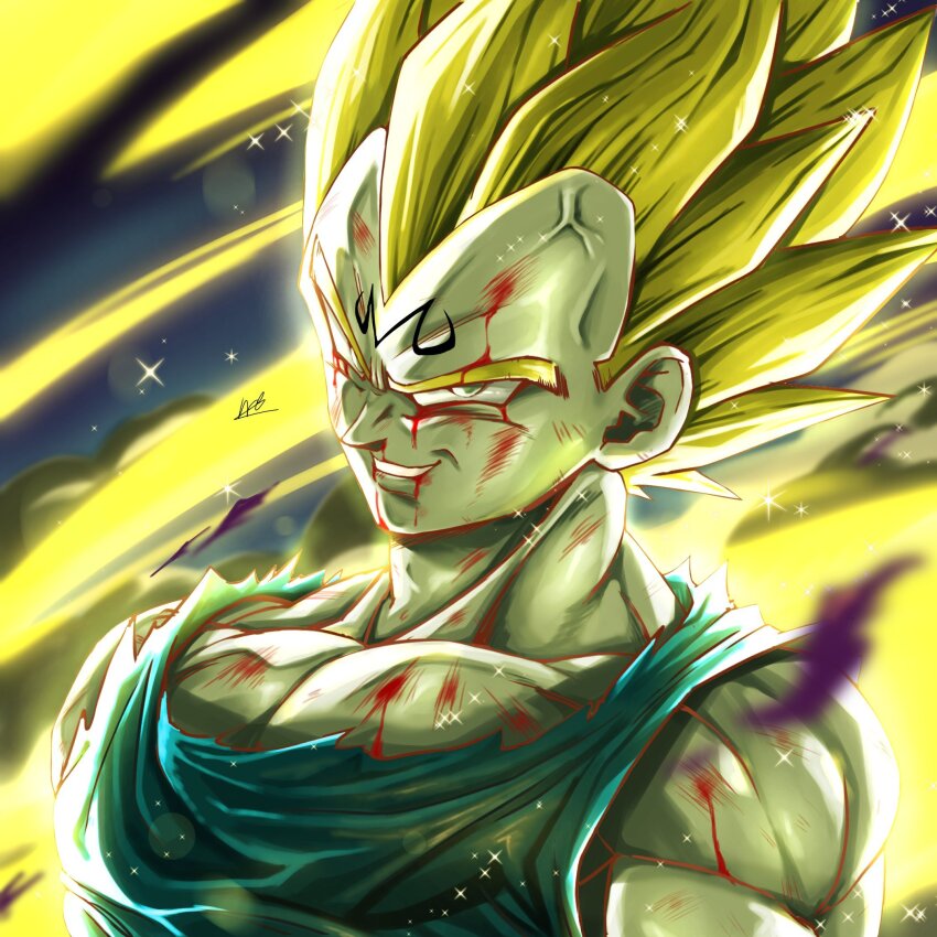 1boy aura blonde_hair blood blood_on_body blood_on_face close-up dragon_ball dragonball_z facial_mark forehead_mark green_eyes highres injury long_hair looking_at_viewer majin_vegeta male_focus medium_hair muscular muscular_male powering_up sekitsuki_hayato shirt signature smile solo sparkle spiked_hair super_saiyan super_saiyan_2 torn_clothes torn_shirt vegeta veins