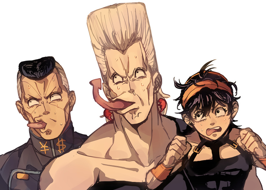 3boys absurdres arrow_(symbol) clenched_hands diamond_wa_kudakenai dollar_sign earrings flattop gakuran grey_hair highres jean_pierre_polnareff jewelry jojo_no_kimyou_na_bouken long_tongue male_focus multiple_boys narancia_ghirga nijimura_okuyasu parody pompadour school_uniform siniy stardust_crusaders tall_hair tongue tongue_out vento_aureo white_hair yen_sign
