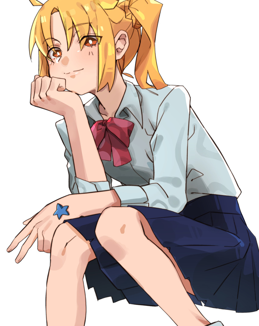 1girl ahoge black_skirt blonde_hair bocchi_the_rock! bow bowtie bright_pupils closed_mouth collared_shirt commentary highres ijichi_nijika long_sleeves pleated_skirt red_bow red_bowtie red_eyes school_uniform shimokitazawa_high_school_uniform shirt side_ponytail simple_background sitting skirt smile solo star_(symbol) takao_(88499191) white_background white_pupils white_shirt