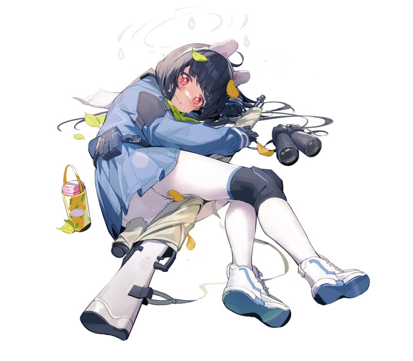 1girl absurdres animal_ear_headphones animal_ears belt binoculars black_gloves black_hair blue_archive blue_serafuku blue_skirt bolt_action bright_pupils embarrassed fake_animal_ears gloves green_neckerchief gun halo headphones highres hugging_object knee_pads leaf leaf_on_head long_hair looking_at_viewer lying miyu_(blue_archive) mooofoo mosin-nagant neckerchief on_side pantyhose rabbit_ears red_eyes rifle sailor_collar school_uniform serafuku shoes single_knee_pad skirt sneakers tactical_clothes twig two-tone_skirt wavy_mouth weapon white_background white_pantyhose white_pupils white_sailor_collar white_shoes white_skirt