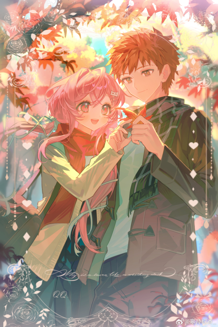 1boy 1girl absurdres autumn autumn_leaves bag black_bag blush bow breasts day dress emiya_shirou falling_leaves fate/stay_night fate_(series) gaoyue_jixiang ginkgo_leaf hair_bow hair_ornament hairclip hetero highres holding holding_leaf igote leaf long_hair maple_leaf non-web_source oc_x_canon orange_hair original outdoors pink_eyes pink_hair plaid_clothes plaid_scarf red_hair red_scarf scarf seasons shoulder_bag skirt smile tree twintails watermark weibo_watermark yellow_eyes
