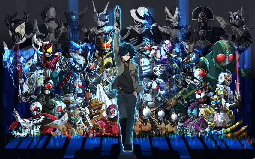 adjusting_clothes adjusting_headwear belt card claw_(weapon) clenched_hand fedora flower guitar gun hand_in_pocket hat instrument jacket kaitou_daiki kamen_rider kamen_rider_agito kamen_rider_arc kamen_rider_black_rx kamen_rider_blade kamen_rider_caucasus kamen_rider_dcd kamen_rider_delta kamen_rider_den-o kamen_rider_drake kamen_rider_femme kamen_rider_g3 kamen_rider_g4 kamen_rider_gai kamen_rider_glaive kamen_rider_hercus kamen_rider_ibuki kamen_rider_ixa kamen_rider_j kamen_rider_kabuki kamen_rider_ketaros kamen_rider_kiva kamen_rider_orga kamen_rider_ouja kamen_rider_psyga kamen_rider_punch_hopper kamen_rider_raia kamen_rider_rey kamen_rider_ryuga kamen_rider_saga kamen_rider_sasword kamen_rider_scissors kamen_rider_skull kamen_rider_super-1 kamen_rider_todoroki kamen_rider_zanki pointing pointing_up riotrooper rose scarf sword weapon yoshino_(gunform)