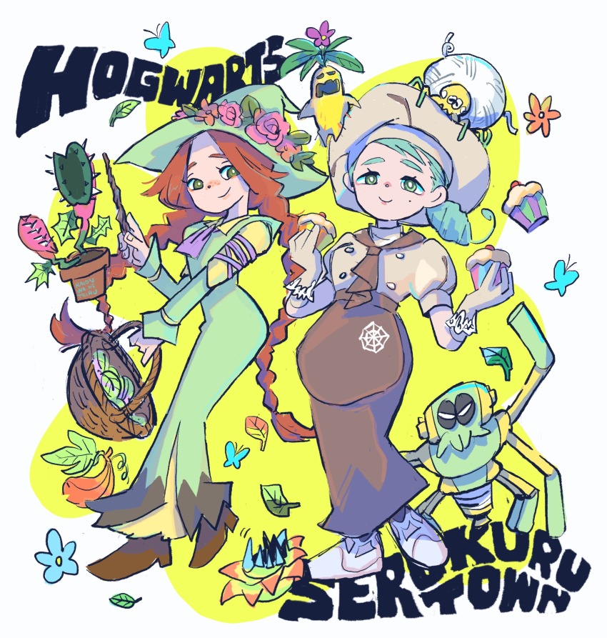 2girls absurdres apron ascot basket braid bright_pupils brown_apron brown_ascot brown_hair brown_skirt bug butterfly cake carnivorous_plant chef chef_hat crossover cupcake dress falling_leaves flower food freckles full_body gloves green_dress green_eyes green_hair green_hat hands_up hat hat_flower highres hogwarts_legacy holding holding_basket holding_cake holding_food holding_wand insect katy_(pokemon) leaf lion_wa_neteiru long_dress long_hair long_skirt long_sleeves looking_at_viewer low_side_ponytail low_twin_braids low_twintails mandrake_(harry_potter) mirabel_garlick mole mole_on_cheek mole_under_eye multiple_girls nintendo on_head plant plant_monster pokemon pokemon_(creature) pokemon_on_head pokemon_sv potted_plant puffy_short_sleeves puffy_sleeves short_sleeves skirt smile spider_web_print spidops standing tarountula twin_braids twintails venus_flytrap very_long_hair waist_apron wand white_pupils witch_hat wizarding_world