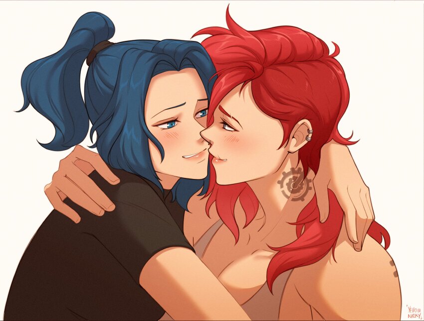 2girls arcane:_league_of_legends arcane_caitlyn arcane_vi artist_name black_shirt blue_eyes blue_hair caitlyn_(league_of_legends) ear_piercing highres hug league_of_legends multiple_girls neck_tattoo nose_piercing piercing ponytail red_hair shirt short_hair simple_background smile tattoo vi_(league_of_legends) white_background yellow_nicky yuri