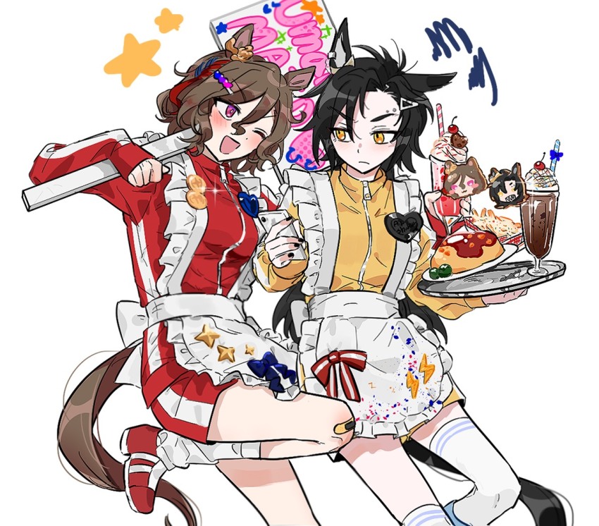 2girls air_shakur_(umamusume) animal_ears apron bandaid bandaid_on_knee bandaid_on_leg black_hair black_nails blonde_hair blush breasts brown_hair carrying_over_shoulder cellphone closed_mouth cup ear_ornament food french_fries frown hair_ornament hairclip holding holding_cup holding_phone holding_sign holding_tray horse_ears horse_girl horse_tail jacket jersey_maid long_hair long_sleeves looking_at_another maid milkshake multiple_girls name_tag omelet omurice one_eye_closed open_mouth phone pink_eyes red_jacket red_shoes red_shorts shoes short_hair shorts sign sleeves_past_wrists small_breasts smartphone smile sneakers socks sparkle squiggle star_(symbol) tail tap_dance_city_(umamusume) thighhighs third-party_source tray umamusume unconventional_maid unseuking0427 waist_apron white_background yellow_eyes yellow_jacket yellow_shorts