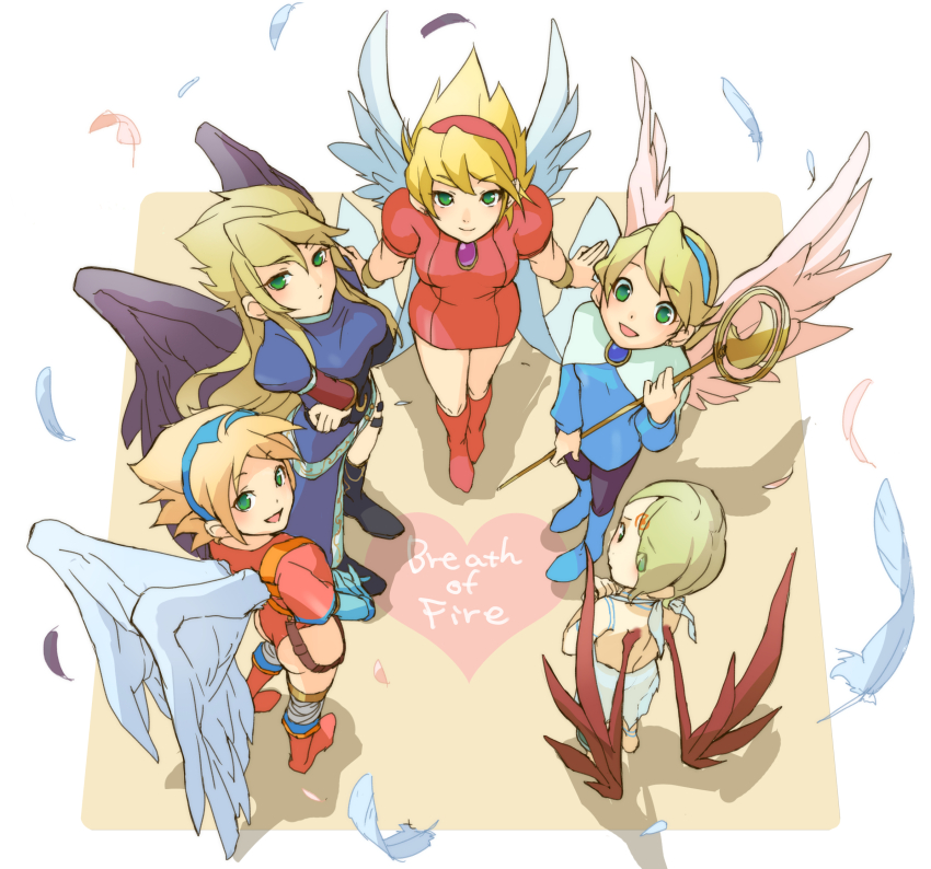 5girls ass breasts breath_of_fire breath_of_fire_i breath_of_fire_ii breath_of_fire_iii breath_of_fire_iv breath_of_fire_v facial_mark feathered_wings feathers green_eyes hairband heart highres leotard long_hair looking_at_viewer medium_breasts multiple_girls nina_(breath_of_fire_i) nina_(breath_of_fire_ii) nina_(breath_of_fire_iii) nina_(breath_of_fire_iv) nina_(breath_of_fire_v) open_mouth pantyhose purple_wings red_leotard red_wings sassa_(cb) short_hair small_breasts smile staff very_short_hair white_wings wings