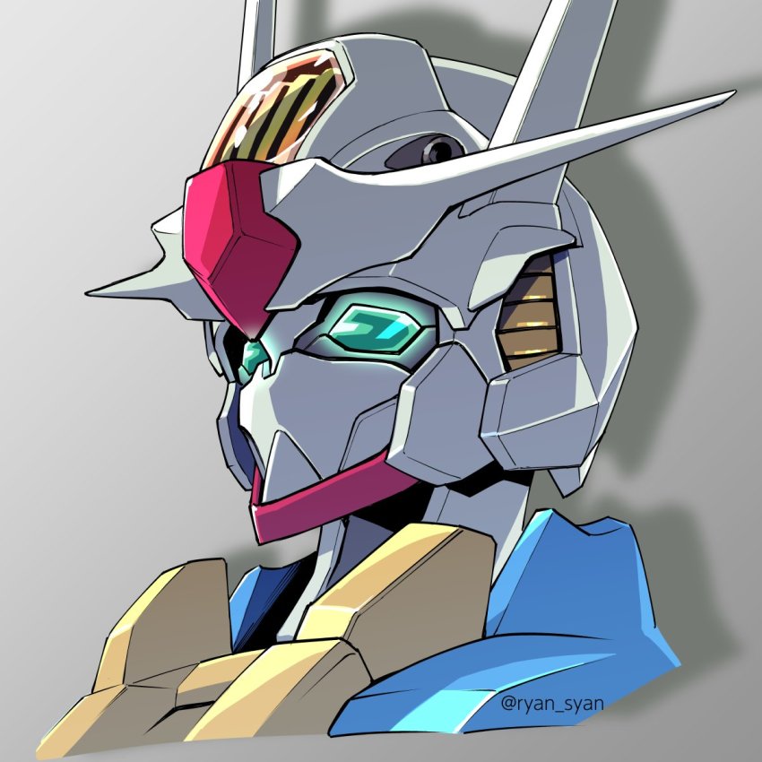 commentary gachirin glowing glowing_eyes green_eyes grey_background gundam gundam_aerial gundam_suisei_no_majo highres mecha mobile_suit no_humans portrait robot solo twitter_username v-fin