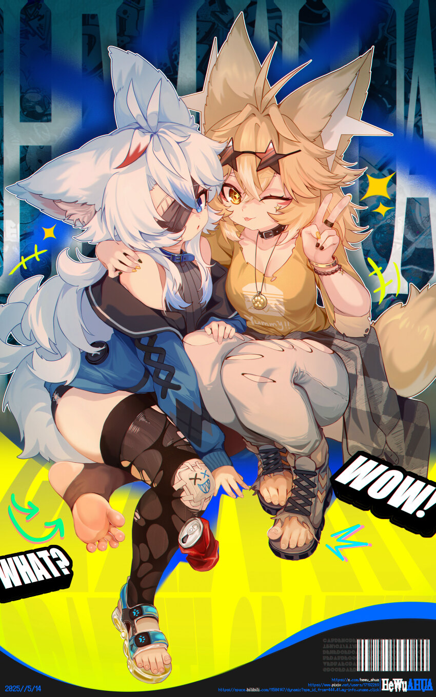 2girls ;p absurdres ahoge animal_ear_fluff animal_ears arm_around_shoulder bangle bare_shoulders black_nails black_thighhighs blonde_hair blue_eyes blue_hair blue_jacket bracelet breasts can clothes_around_waist collar drink_can eyepatch eyewear_on_head feet gauze_on_knee hand_on_another&#039;s_shoulder hand_on_another&#039;s_thigh highres jacket jewelry large_breasts long_hair long_sleeves looking_at_viewer medallion multicolored_hair multiple_girls off_shoulder one_eye_closed open-toe_shoes original pants parted_lips peanut_huasheng red_hair ring sandals scar scar_across_eye scar_on_face shirt single_sandal sitting soda_can sparkle squatting star-shaped_eyewear star_(symbol) stirrup_legwear streaked_hair sunglasses tail thighhighs toeless_legwear tongue tongue_out torn_clothes torn_pants torn_shirt torn_shoes torn_sleeves torn_thighhighs v white_hair wolf_ears wolf_girl wolf_tail yellow_eyes yellow_nails yellow_shirt