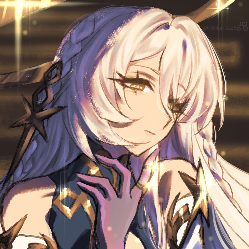 1girl absurdres bare_shoulders braid closed_mouth detached_sleeves dress eyes_visible_through_hair genshin_impact hair_between_eyes hair_ornament highres istaroth_(genshin_impact) long_hair thinking tractorbelarus228 white_dress white_hair yellow_eyes
