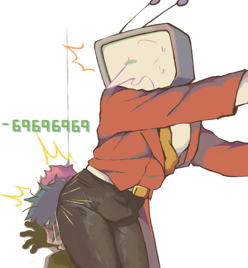 1boy 1other ant_tenna ass_press belt black_pants crt deltarune hand_on_wall height_difference kris_(deltarune) mamaito necktie object_head pants pointy_nose surprised sweat tailcoat white_background white_belt yellow_necktie