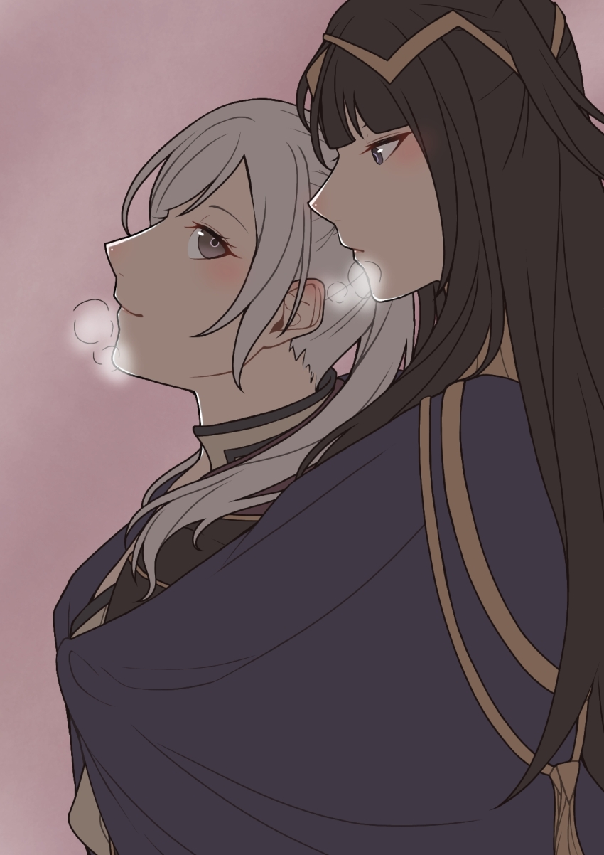 2girls ao_saryaruhu behind_another black_eyes black_hair blush breasts brown_eyes cleavage cloak coat couple expressionless eyelashes female_focus fire_emblem fire_emblem_awakening from_side half-closed_eyes happy height_difference highres hime_cut hood hooded_coat hug hug_from_behind jewelry kuudere large_breasts long_hair looking_at_another looking_up medium_breasts multiple_girls neck necklace nintendo profile robin_(female)_(fire_emblem) robin_(fire_emblem) short_twintails sidelocks smile standing swept_bangs tharja_(fire_emblem) tiara twintails white_hair yuri