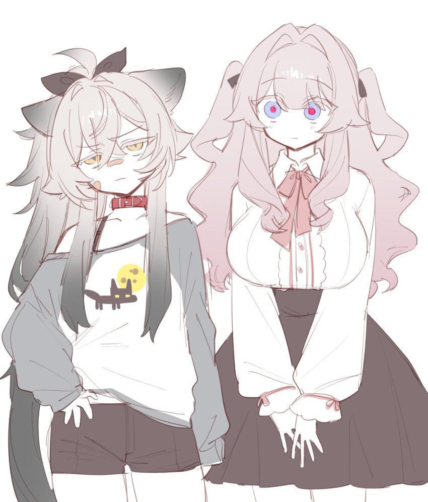2girls black_shorts black_skirt blue_eyes breasts brown_eyes collar collared_shirt flat_chest grey_hair grey_sleeves highres kai_(drakkai10) large_breasts long_hair looking_at_viewer marina_(kai_(drakkai10)) multiple_girls original pink_hair pink_pupils raglan_sleeves red_collar shirt short_shorts shorts shoya_(kai_(drakkai10)) simple_background skirt white_background white_shirt