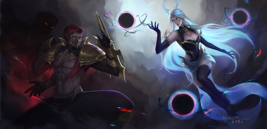 1boy 1girl absurdres artist_name black_footwear black_gloves black_thighhighs blue_eyes breasts chest_tattoo cleavage elbow_gloves gloves gold_trim highres league_of_legends long_hair medium_breasts navel orb pectorals piscina red_eyes red_hair shadow syndra tattoo thighhighs toned toned_male wrist_blades zed_(league_of_legends)