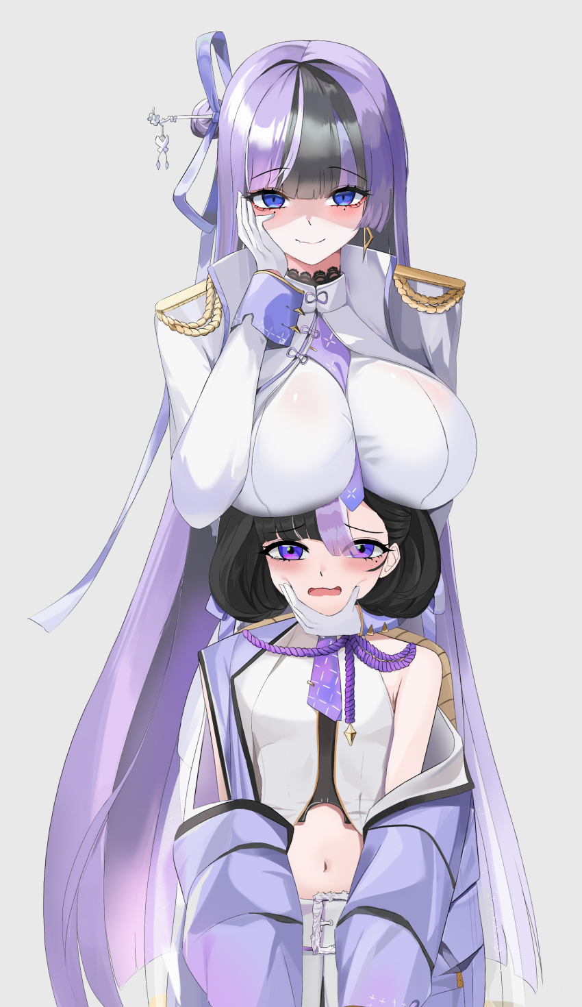 2girls absurdres black_hair blue_eyes breast_rest breasts breasts_on_head chinese_hairpin coat commentary_request crop_top dress epaulettes gloves goddess_of_victory:_nikke hand_on_another&#039;s_face hand_on_own_cheek hand_on_own_face highres jien_(nikke) labbri large_breasts long_hair midriff mole mole_under_eye multicolored_hair multiple_girls navel purple_eyes purple_hair short_hair simple_background small_breasts smile step-siblings syuen_(nikke) two-tone_hair very_long_hair white_background white_coat white_dress white_gloves