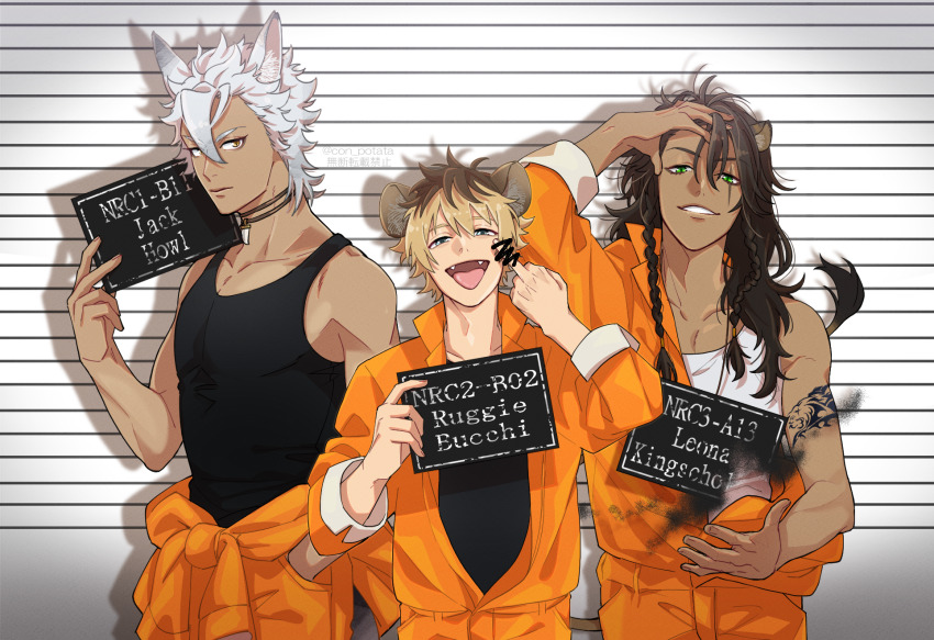 animal_ears black_tank_top blonde_hair brown_hair commentary_request con_potata disintegration fangs green_eyes grey_eyes highres holding holding_sign hyena_boy hyena_ears jack_howl jumpsuit leona_kingscholar lion_boy lion_ears lion_tail looking_at_viewer middle_finger mugshot orange_jumpsuit prison_clothes ruggie_bucchi scar scar_across_eye scar_on_face short_hair sign tail tank_top twisted_wonderland white_background white_hair white_tank_top wolf_ears wolf_tail yellow_eyes
