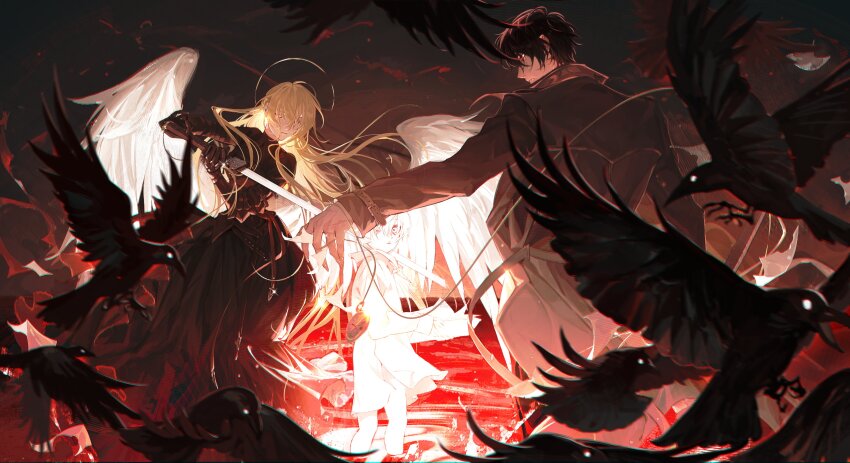 1girl 2boys absurdres armor bird black_coat black_eyes blonde_hair blurry coat crow depth_of_field feathered_wings full_body halo halo_behind_head highres holding holding_sword holding_weapon horizon imminent_attack long_hair looking_at_another looking_back multiple_boys oldest_dream omniscient_reader&#039;s_viewpoint outstretched_arm red_background red_eyes red_ribbon ribbon robe silhouette sword tack_ka_2_0 too_many too_many_birds uriel_(omniscient_reader&#039;s_viewpoint) weapon white_eyes white_robe white_wings wide-eyed wings yoo_joonghyuk