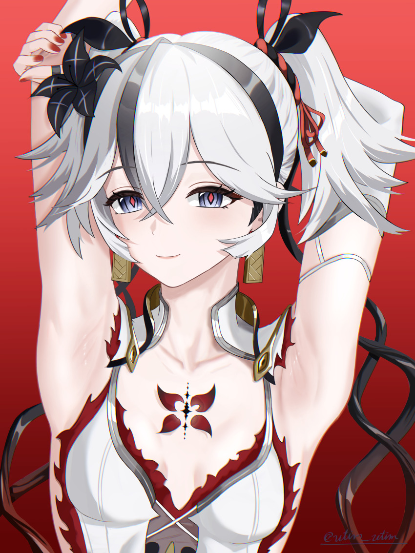 1girl absurdres armpits arms_up black_flower black_ribbon blake_bloom_(wuthering_waves) blue_eyes breasts camellya_(wuthering_waves) chikarit closed_mouth collar collarbone commentary_request earrings flower gold_earrings hair_between_eyes hair_flower hair_ornament hair_ribbon has_bad_revision has_downscaled_revision highres jewelry looking_at_viewer md5_mismatch partial_commentary portrait presenting_armpit red_background red_pupils red_ribbon resolution_mismatch ribbon short_hair short_twintails small_breasts smile solo source_smaller tacet_mark_(wuthering_waves) twintails white_collar white_hair wuthering_waves