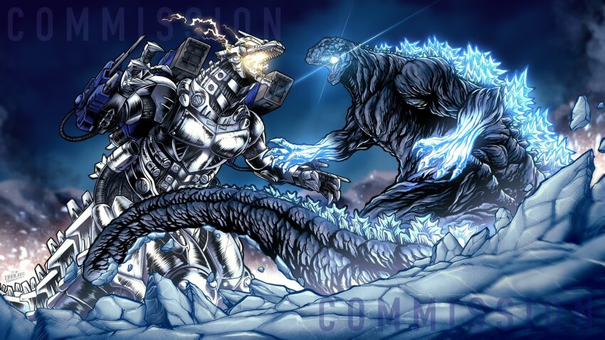 battle claws commentary commission english_commentary fangs giant giant_monster glowing glowing_eyes glowing_mouth godzilla godzilla_(gemstone) godzilla_(series) godzilla_against_mechagodzilla godzilla_vs._megalon_(2023) godzilla_vs_gigan_rex highres jaws kaiju kiryu_(godzilla) long_tail mecha mechagodzilla military monster no_humans open_mouth plasma_cannon robot scales science_fiction sharp_teeth spikes spines tail teeth thomdotartz toho weapon yellow_eyes