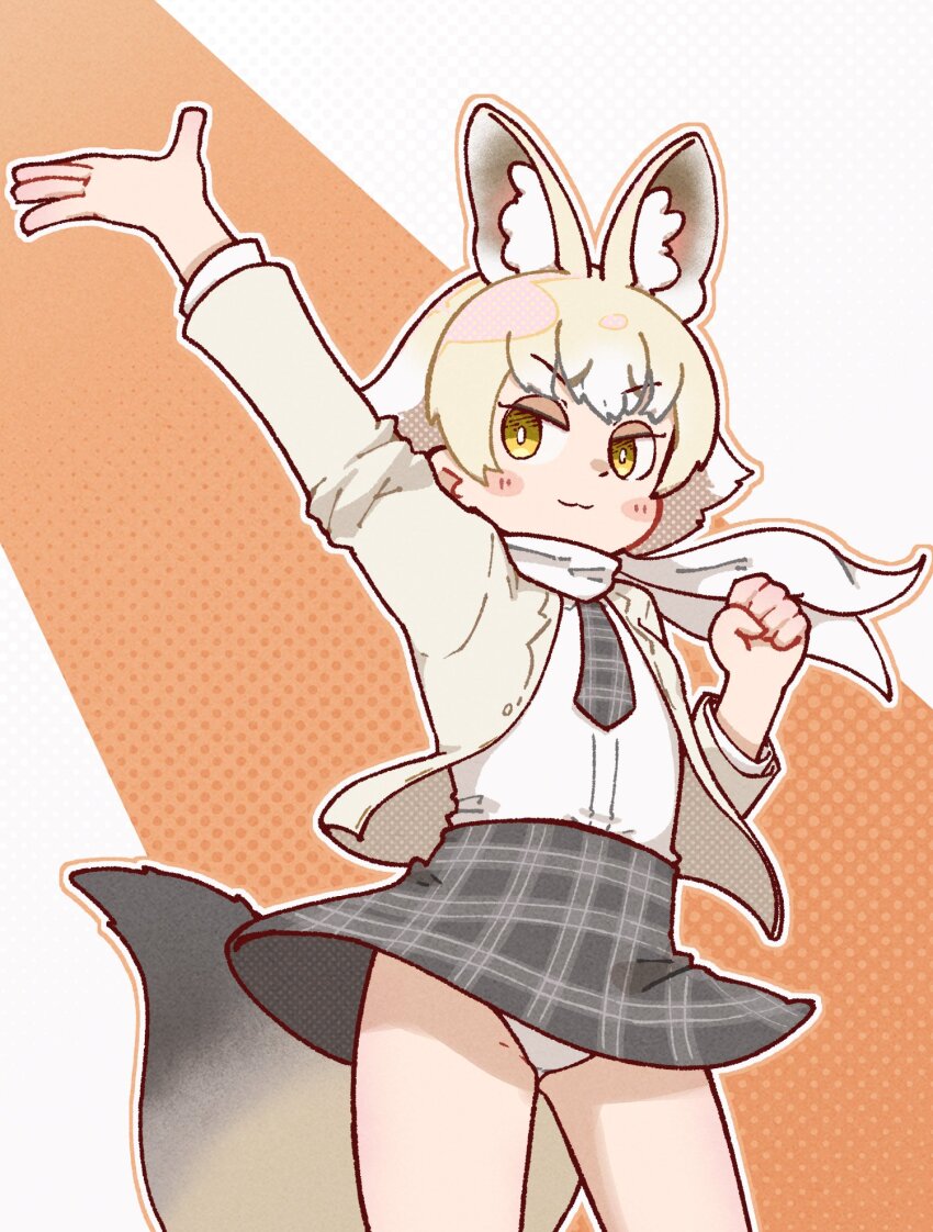 1girl animal_ears extra_ears fox_ears fox_girl fox_tail grey_hair highres jacket kemono_friends kit_fox_(kemono_friends) looking_at_viewer necktie panties scarf shirt short_hair simple_background skirt solo sorairo_meronpan tail underwear yellow_eyes