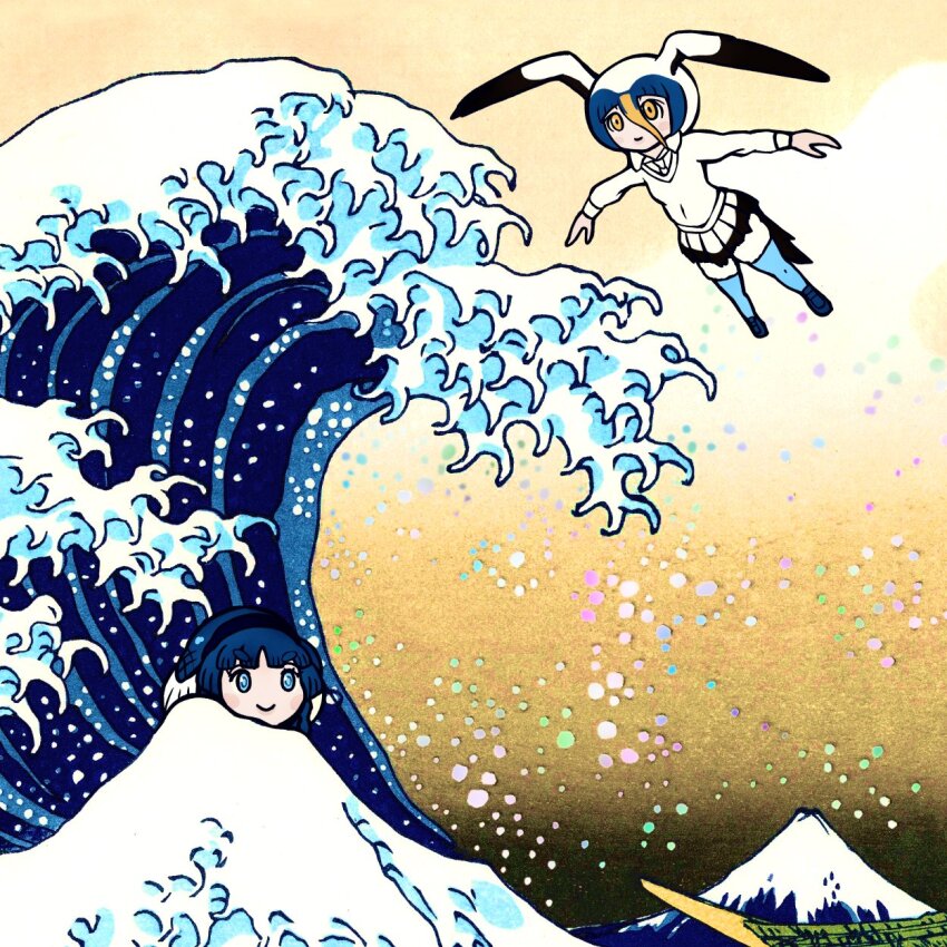 2girls bird_girl bird_tail bird_wings blonde_hair blue_eyes blue_hair blue_thighhighs boat coelacanth_(kemono_friends) fine_art_parody fins fish_girl flying hair_between_eyes hairband head_fins head_wings highres kanagawa_okinami_ura kemono_friends kemono_friends_3 long_hair long_sleeves masked_booby_(kemono_friends) mount_fuji multicolored_hair multiple_girls necktie parody pleated_skirt r1chardroe shirt sidelocks skirt sweater tail thighhighs watercraft waves white_hair white_necktie white_shirt white_skirt white_sweater wings yellow_eyes zettai_ryouiki