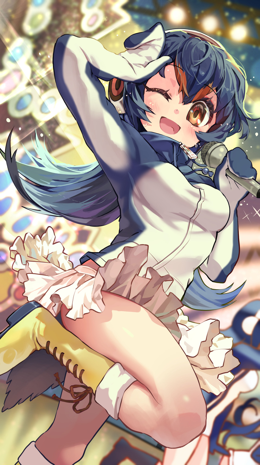 1girl ;d absurdres bare_legs black_hair boots breasts brown_eyes commentary flipped_hair gentoo_penguin_(kemono_friends) hair_between_eyes highres holding holding_microphone kemono_friends long_hair looking_at_viewer medium_breasts melaton microphone miniskirt one_eye_closed open_mouth orange_hair skirt smile solo_focus tail turtleneck white_skirt yellow_boots