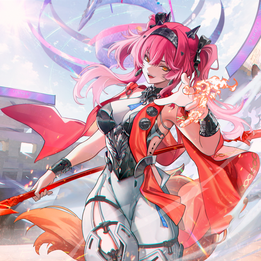 1girl absurdres armor black_bow bodysuit bow breastplate breasts chromatic_aberration collar commentary earrings gradient_hair hair_between_eyes hair_bow hairband hand_up headgear highres holding holding_polearm holding_weapon jewelry large_breasts long_hair looking_at_viewer lupa_(wuthering_waves) metal_collar metal_hairband multicolored_hair nervi_fd open_mouth outdoors pink_hair polearm red_pupils red_sash sash smile solo tacet_mark_(wuthering_waves) tail teeth twintails upper_teeth_only weapon white_bodysuit wolf_tail wrist_guards wuthering_waves yellow_eyes