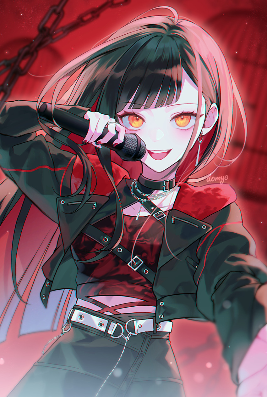 1girl belt_buckle birdcage black_choker black_hair blunt_bangs blurry blurry_background breasts buckle cage chain choker colored_inner_hair commentary domyo earrings fingernails hand_up highres holding holding_microphone jacket jewelry long_hair long_sleeves looking_at_viewer microphone multicolored_hair nail_polish official_alternate_costume official_alternate_hairstyle open_clothes open_jacket open_mouth orange_eyes project_sekai red_hair red_nails ring shiraishi_an solo teeth upper_teeth_only whip_the_wimp_girl!!_(project_sekai)