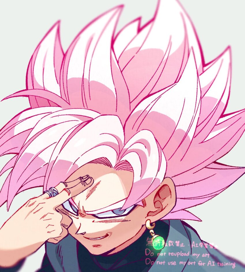 1boy black_shirt close-up dragon_ball dragon_ball_super earrings finger_on_forehead goku_black grey_eyes grey_tunic highres instant_transmission jewelry komesan_0212 male_focus pink_hair potara_earrings shirt single_earring smirk solo spiked_hair tunic