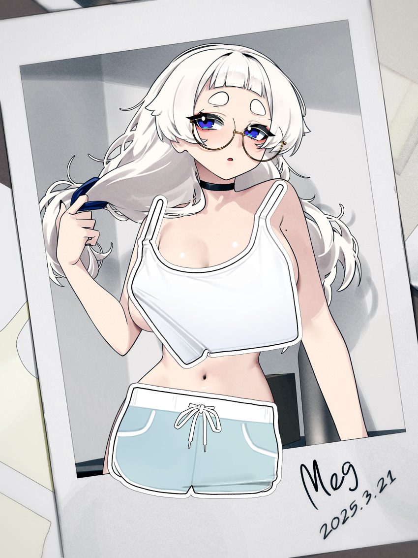 1girl absurdres artist_name black_choker blue_eyes blunt_bangs blush breasts choker cleavage commentary covering_privates dated glasses grey_shorts hair_intakes hair_tie hand_up highres large_breasts meg_(wakamepiza) mole mole_on_arm navel nude_cover open_mouth original photo_(object) polaroid_photo round_eyewear short_bangs shorts solo symbol-only_commentary tank_top thick_eyebrows untying_hair wakamepiza white_hair white_tank_top