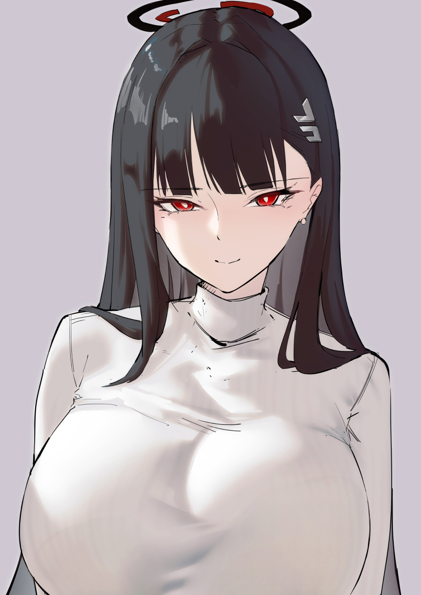 1girl absurdres black_hair black_halo blue_archive breasts closed_mouth commentary earrings hair_ornament hairclip halo highres huge_breasts jewelry katagiri_nanoka long_hair multicolored_halo red_eyes red_halo rio_(blue_archive) smile solo sweater turtleneck turtleneck_sweater two-tone_halo very_long_hair white_sweater