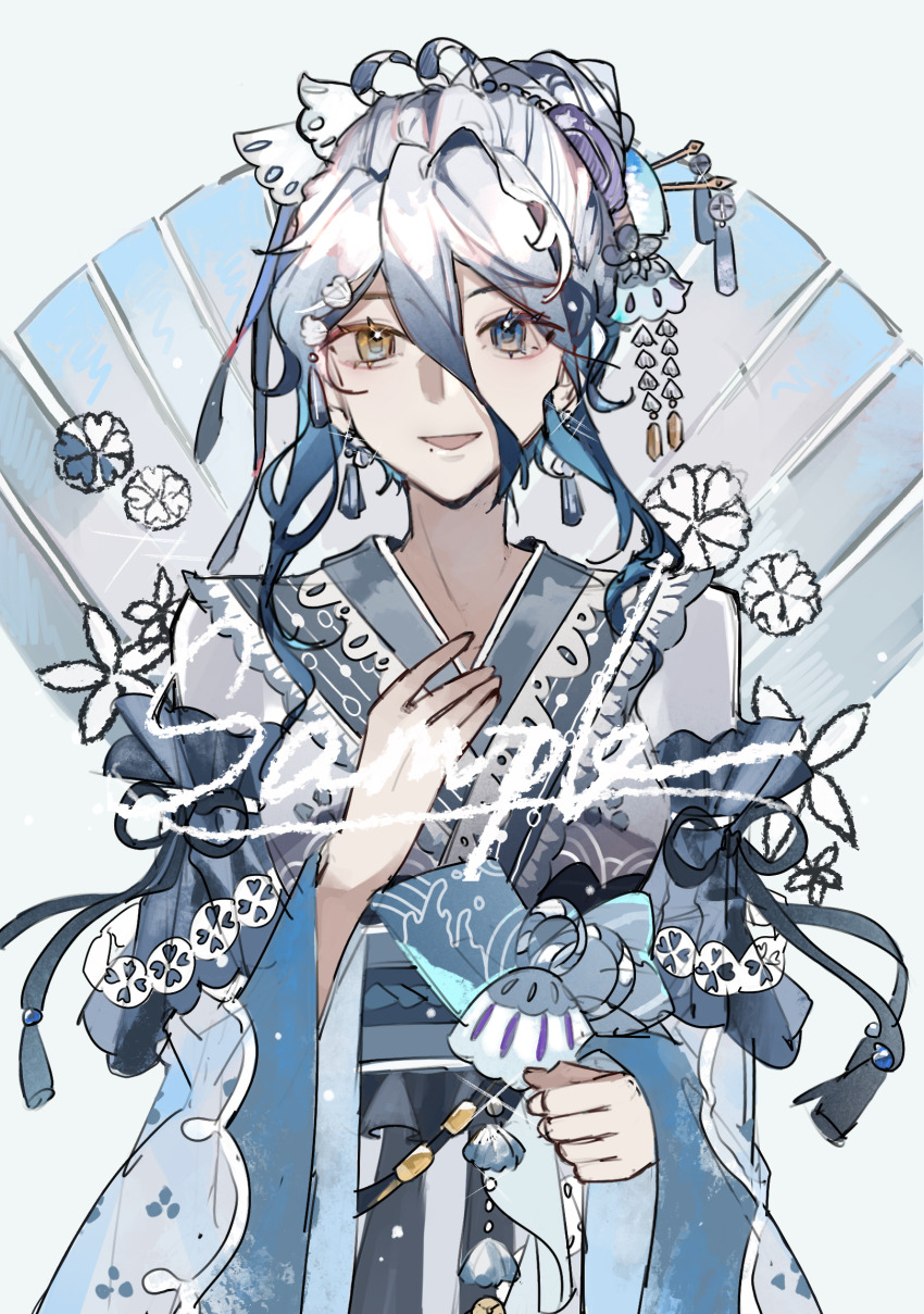 1girl :d blue_eyes blue_hair blue_kimono blue_sash chinese_commentary commission cone_hair_bun earrings floral_background flower glint grey_kimono hair_between_eyes hair_bun hair_flower hair_ornament hair_stick hand_on_own_chest heterochromia highres japanese_clothes jewelry kanzashi kimono lace lace-trimmed_kimono lace_trim layered_sleeves long_bangs long_sleeves looking_at_viewer mole mole_under_mouth multicolored_hair open_mouth original procreate_(medium) qiu_ji sash shell_hair_ornament sidelocks single_hair_bun smile straight-on streaked_hair tassel tassel_earrings two-tone_kimono upper_body white_background white_hair wide_sleeves yellow_eyes