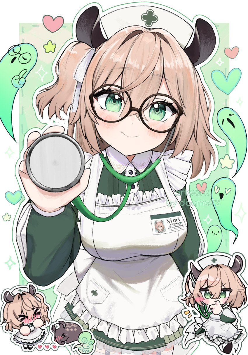 1girl animal_ears blush breasts brown_hair chibi chibi_inset closed_mouth cowboy_shot daemo72 ghost glasses green_background green_eyes hat heart highres indie_virtual_youtuber large_breasts nimi_nightmare nurse nurse_cap one_side_up simple_background smile solo_focus star_(symbol) upper_body virtual_youtuber white_background