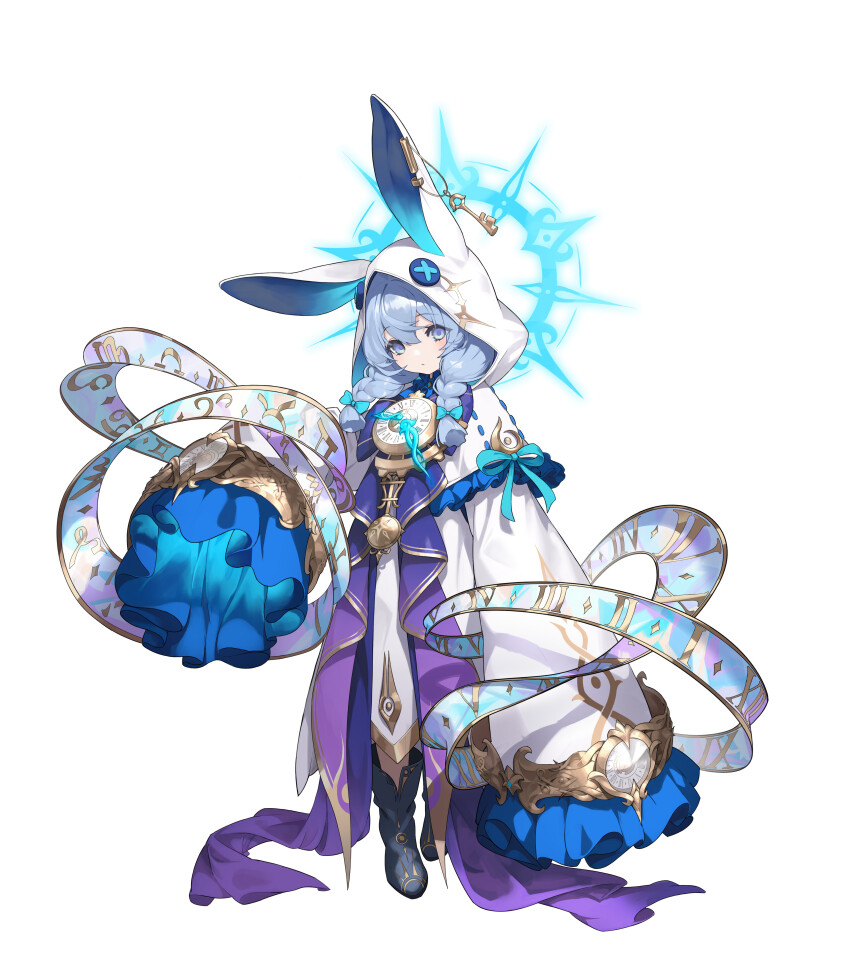 1girl absurdres animal_ears boots bow braid clock closed_mouth commentary english_commentary ezr_bb fake_animal_ears floating_clothes frills full_body green_eyes grey_hair hair_between_eyes hair_ornament highres hood key long_hair long_sleeves looking_at_viewer original rabbit_ears robe simple_background solo standing twin_braids white_background wide_sleeves
