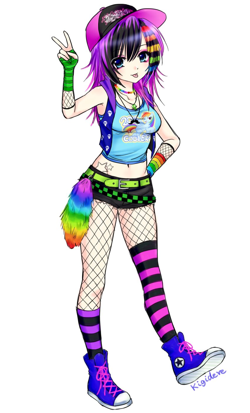 1girl absurdres asymmetrical_gloves asymmetrical_legwear baseball_cap bead_necklace beads belt blue_eyes commentary converse crop_top eyeshadow fishnet_gloves fishnet_pantyhose fishnets full_body gir_(invader_zim) gloves hand_on_own_hip hat highres invader_zim jewelry kigidere looking_at_viewer makeup midriff multicolored_hair multiple_belts multiple_necklaces my_little_pony navel necklace original pantyhose pink_hair purple_hair raccoon_tails_(hairstyle) rainbow_dash rainbow_hair scene_fashion shoes short_shorts shorts smile sneakers socks solo star_tattoo stomach_tattoo striped_clothes striped_gloves striped_hair striped_socks striped_thighhighs tank_top tattoo thighhighs tongue tongue_out v