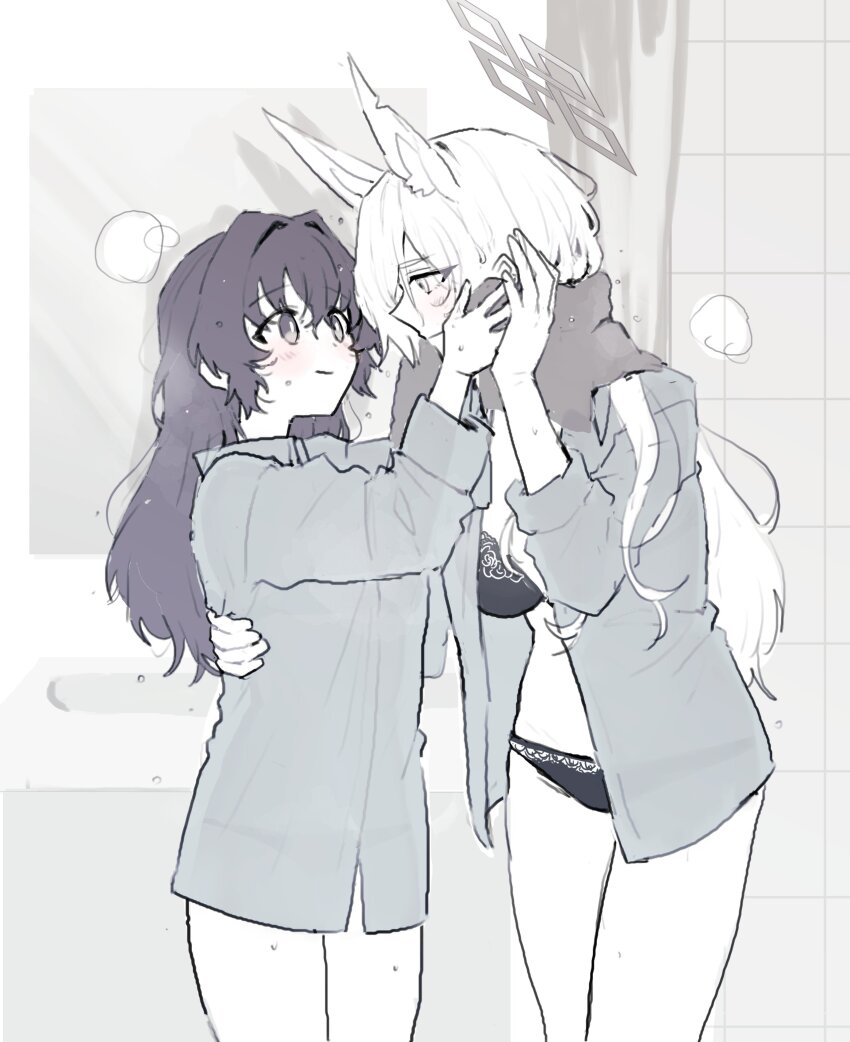 2girls absurdres animal_ears blue_archive blush bra breasts breath commentary_request dog_ears female_sensei_(blue_archive) halo hand_on_another&#039;s_waist highres kanna_(blue_archive) large_breasts limited_palette long_hair multiple_girls open_clothes open_shirt panties sensei_(blue_archive) senta_(ysk_0218) smile sweat towel towel_around_neck underwear yuri