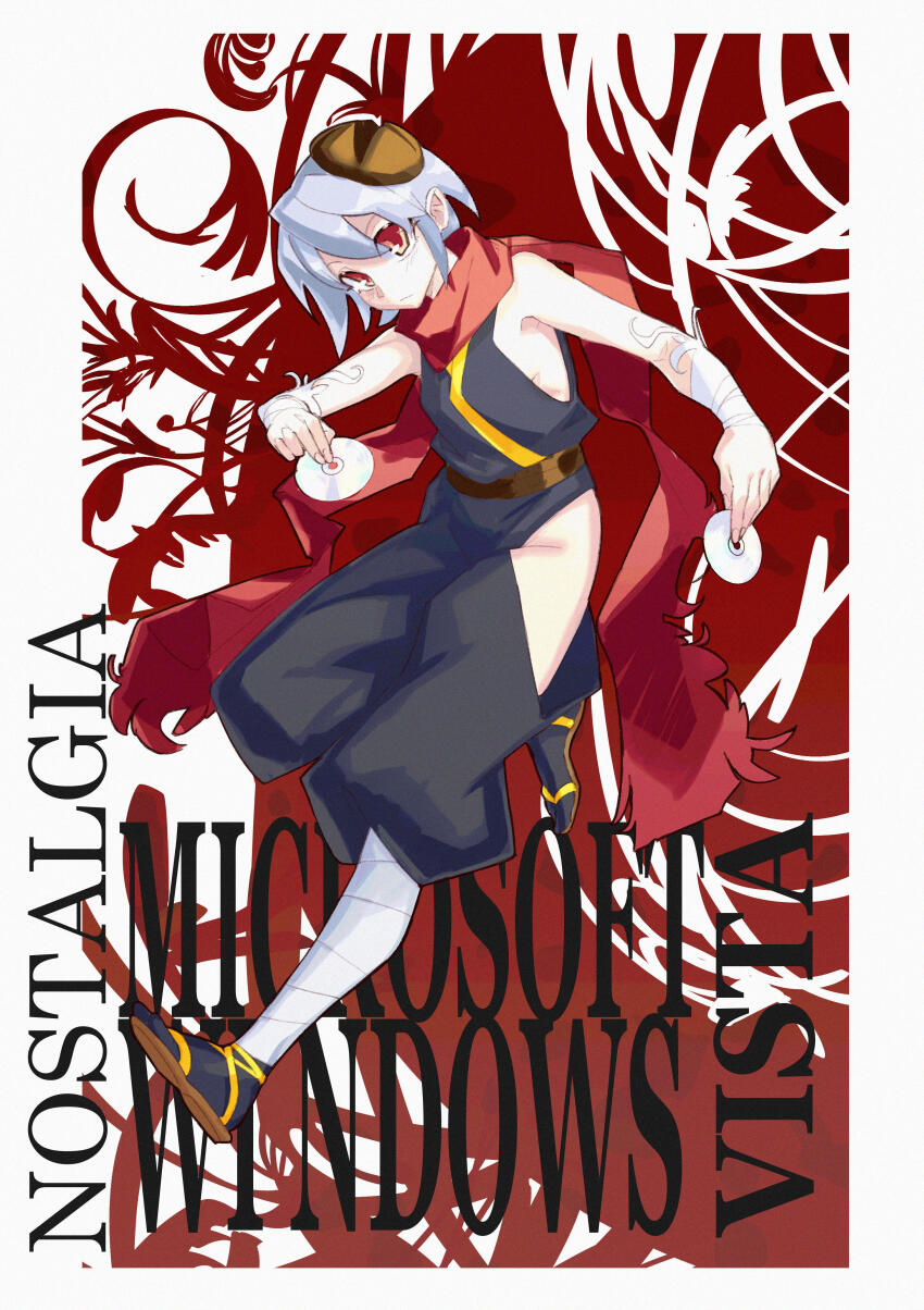 1girl absurdres alt_text androgynous bandaged_leg bandages breasts cd clothing_request commentary english_commentary flourish_(design) grey_hair highres holding looking_at_viewer microsoft_windows ninja object_through_head os-tan red_eyes red_scarf sandals scarf screw screw_in_head short_hair sideboob solo teku-a-fool visbou vista-tan windows_vista