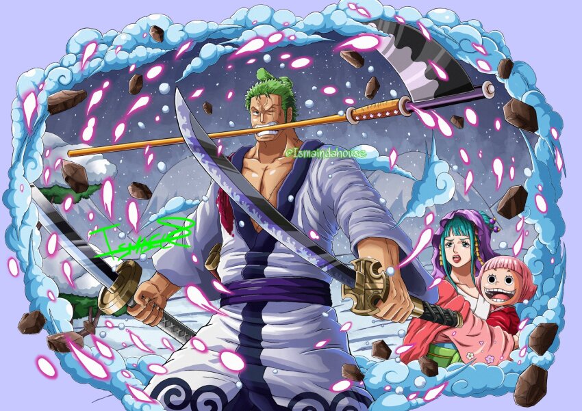 1boy 2girls aqua_hair artist_name green_hair hair_ornament highres holding holding_sword holding_weapon ismaindahouse japanese_clothes katana kouzuki_hiyori long_hair multiple_girls one_eye_closed one_piece open_mouth petals pink_hair roronoa_zoro scar scar_across_eye scar_on_face short_hair sidelocks signature smile sword toko_(one_piece) weapon