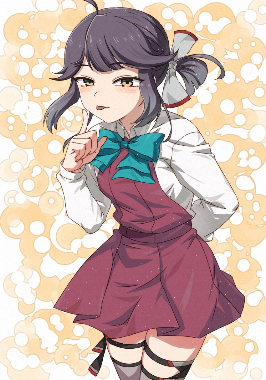 1girl :p ahoge aqua_bow aqua_bowtie black_hair blue_bow blue_bowtie blush bow bowtie cowboy_shot dress grey_hair grey_thighhighs hayanami_(kancolle) highres kanmiya_shinobu kantai_collection long_sleeves looking_at_viewer open_mouth pleated_dress purple_dress purple_vest ribbon school_uniform seamed_legwear shirt short_hair side_ponytail smile solo thighhighs tongue tongue_out vest white_ribbon white_shirt yellow_background