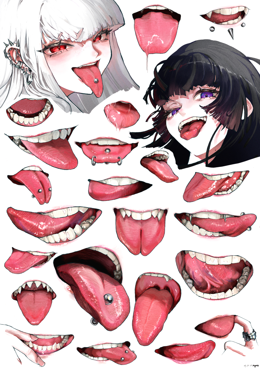 absurdres angelbite_(piercing) black_hair commentary ear_piercing face_piercing fangs finger_in_own_mouth forked_tongue highres jewelry labret_piercing lip_piercing mayamadesu open_mouth original piercing purple_eyes red_eyes ring snakebite_(piercing) symbol-only_commentary tareme teeth tongue tongue_out tongue_piercing white_hair