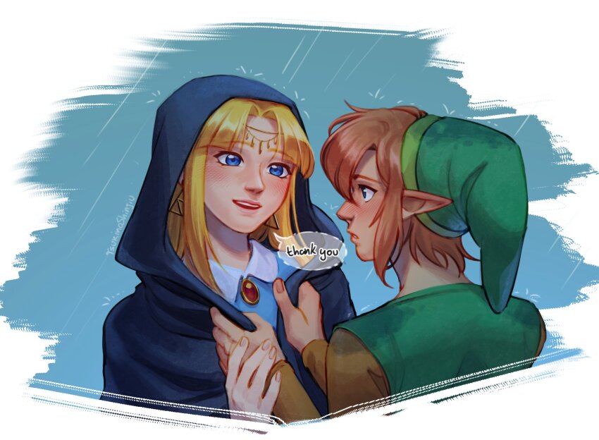 1boy 1girl blonde_hair blue_cape blue_dress blue_eyes cape commentary dress earrings gem green_hat green_shirt hat highres jewelry link long_hair looking_at_another nintendo pointy_ears pointy_hair princess_zelda rain red_gemstone scene_reference shirt short_hair speech_bubble the_legend_of_zelda the_legend_of_zelda:_a_link_to_the_past triforce tsukinoshinjiu