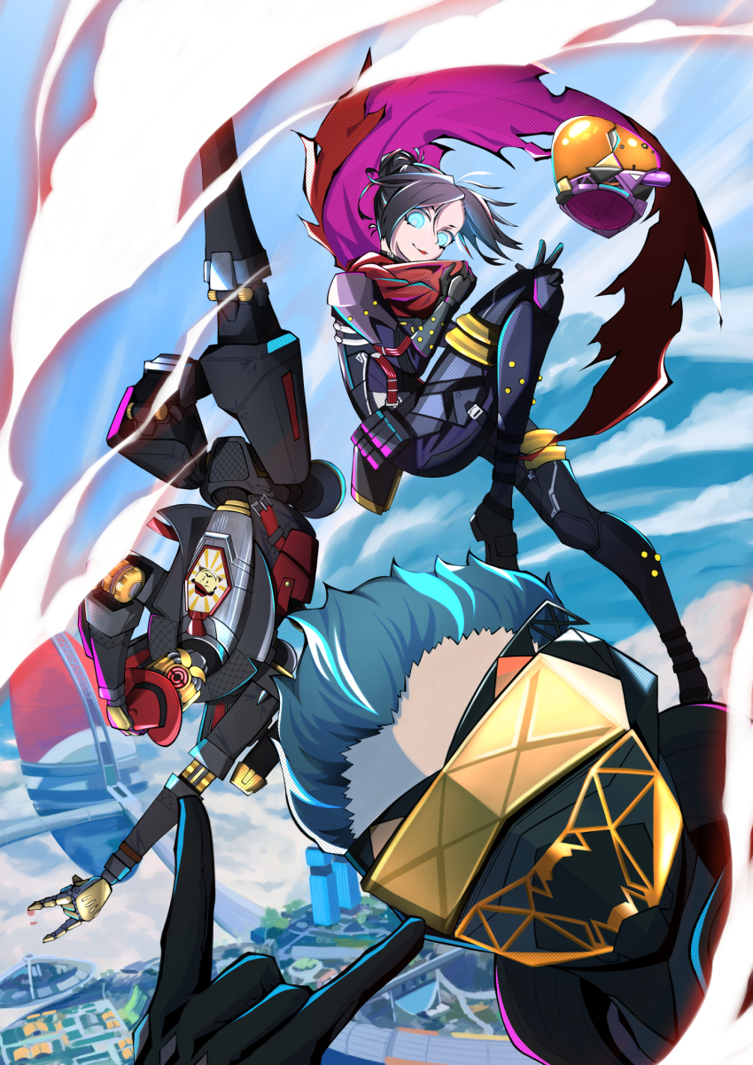 2boys animification apex_legends black_bodysuit black_gloves black_hair black_headwear blue_eyes bodysuit building clothed_robot cloud eternal_life_wraith falling fedora gloves goggles hair_bun hair_slicked_back hands_on_headwear hat unworn_headwear helmet unworn_helmet highres humanoid_robot looking_at_viewer mask mouth_mask multiple_boys ocha2_22 octane_(apex_legends) official_alternate_costume olympus_(apex_legends) one-eyed orange_eyes overdrive_octane pathfinder_(apex_legends) robot science_fiction single_hair_bun sky skyscraper smile untouchable_pathfinder v wraith_(apex_legends)