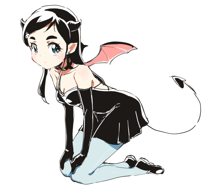 1girl azuma_yukihiko black_choker black_dress black_hair blue_eyes breasts choker cleavage commentary_request demon_horns demon_tail demon_wings dress elbow_gloves eyelashes futari_wa_precure gloves hair_ornament hairclip horns long_hair looking_at_viewer pantyhose pointy_ears precure shoes simple_background sketch small_breasts solo tail white_background wings yukishiro_honoka
