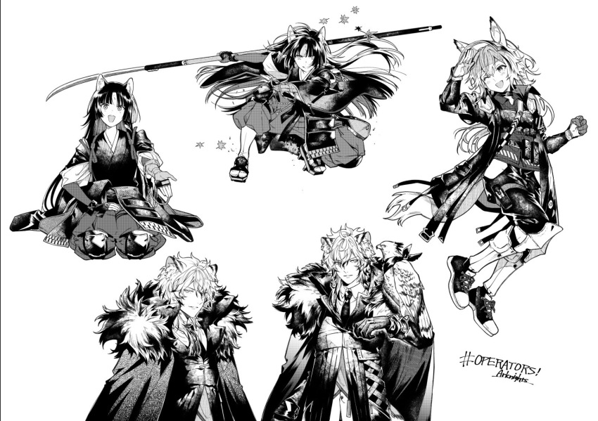 1boy 2girls animal_ear_fluff animal_ears arknights armor baggy_pants beads belt_pouch bird black_hair black_kimono blunt_bangs blunt_sidelocks cape choker coat curtained_hair full_body fur-trimmed_cape fur_trim geta gloves grani_(arknights) greaves greyscale hawk highres holding holding_polearm holding_weapon horse_ears horse_tail japanese_armor japanese_clothes kimono knee_pads kyo_zip long_hair messy_hair monochrome multiple_girls naginata necktie one_eye_closed open_clothes open_coat open_mouth pants polearm pouch saga_(arknights) seiza shoes sidelocks silverash_(arknights) sitting sleeves_rolled_up sneakers tactical_clothes tail upper_body vambraces weapon wolf_cut