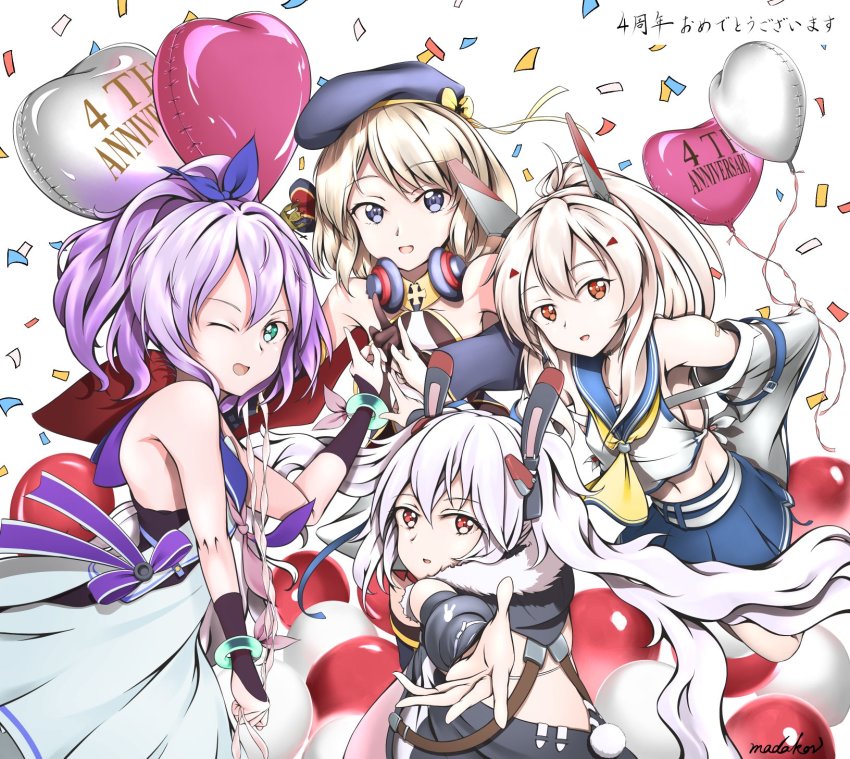 4girls animal_ears artist_name ayanami_(azur_lane) ayanami_(retrofit)_(azur_lane) azur_lane balloon bare_shoulders belt beret blue_eyes blue_sailor_collar breasts cleavage confetti crop_top cross dress fake_animal_ears gold_trim green_eyes hat headgear headphones headphones_around_neck heart_balloon highres iron_cross javelin_(azur_lane) javelin_(retrofit)_(azur_lane) laffey_(azur_lane) laffey_(retrofit)_(azur_lane) light_purple_hair looking_at_viewer madakov_kodima medium_breasts medium_hair miniskirt multiple_girls one_eye_closed orange_eyes platinum_blonde_hair purple_hair purple_headwear purple_ribbon rabbit_ears red_eyes retrofit_(azur_lane) ribbon sailor_collar short_hair skirt sleeveless sleeveless_dress twintails white_background white_belt white_dress wide_ponytail yellow_neckwear z23_(azur_lane) z23_(retrofit)_(azur_lane)